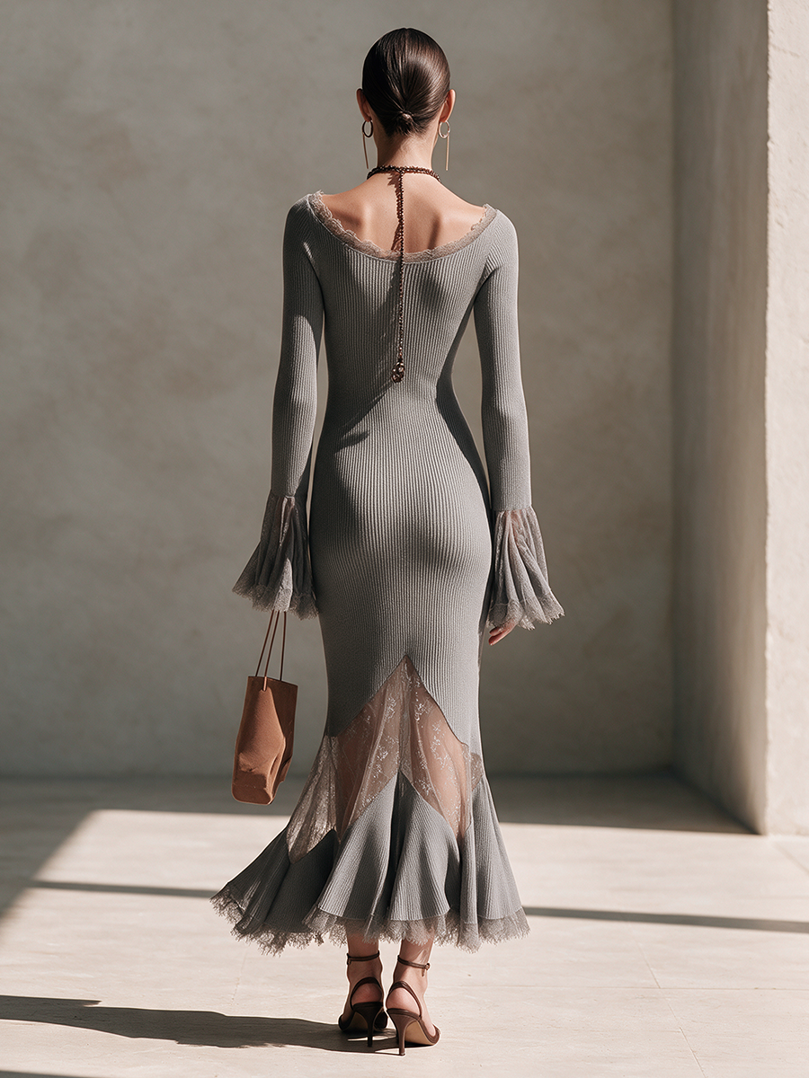 Women's Grey Scoop-Neck Lace-Trim Wool-Knit Mermaid Maxi Dress