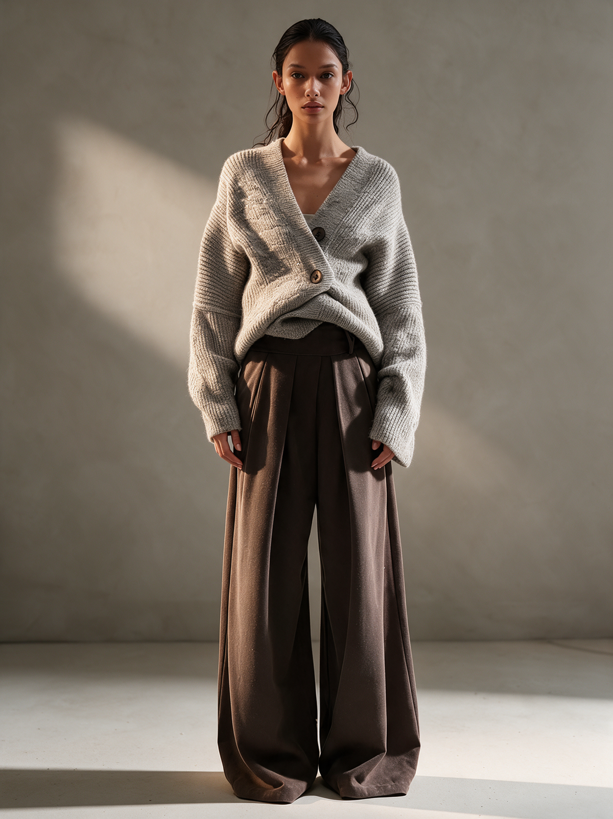 Women's Dark Brown High Waist Pleated Draped Wide Leg Trousers