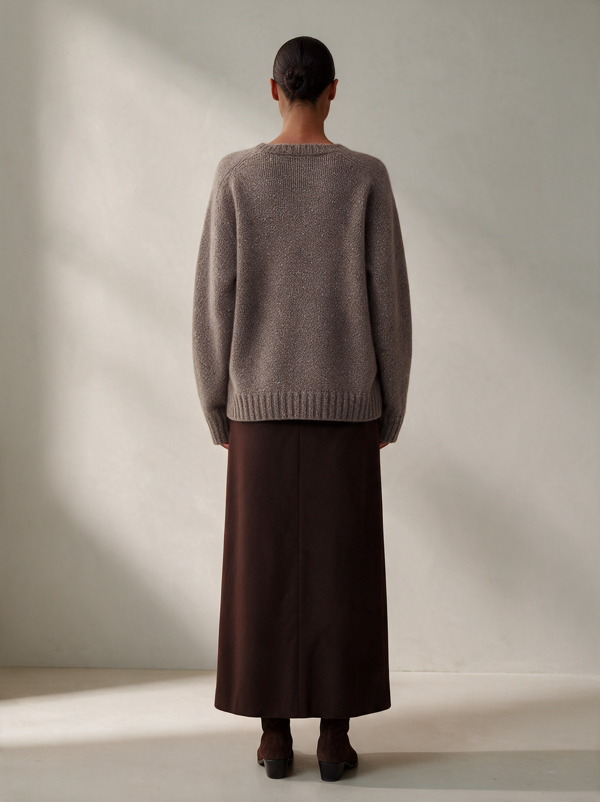 Women's Asymmetric Off-Shoulder Side Button Oversized Knit Sweater & Dark Brown Maxi Skirt Set