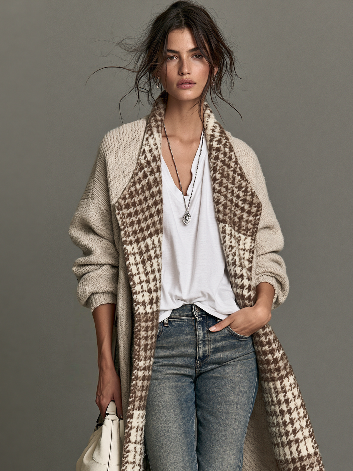 Women's Vintage Houndstooth Lapel Cardigan