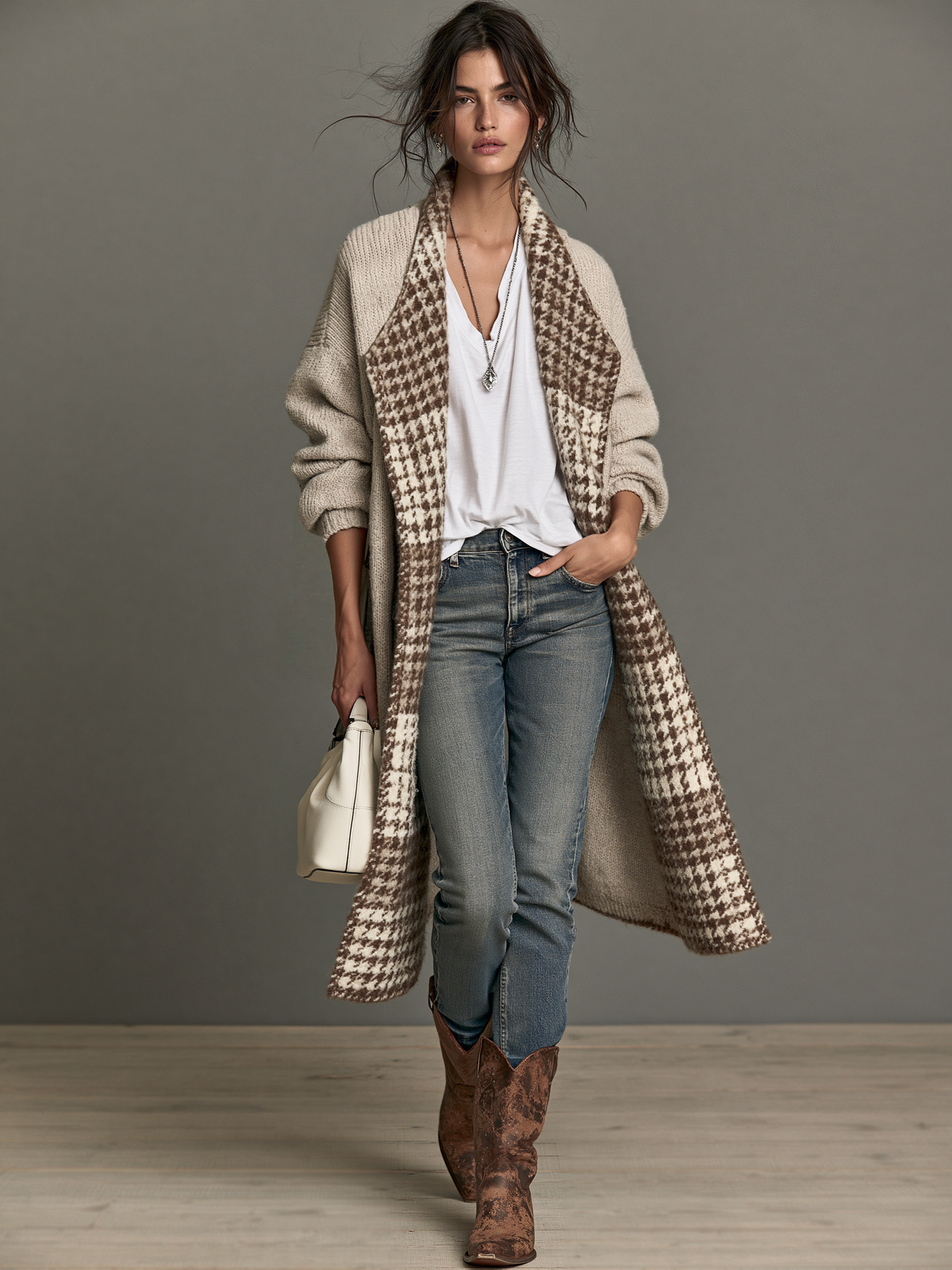 Women's Vintage Houndstooth Lapel Cardigan