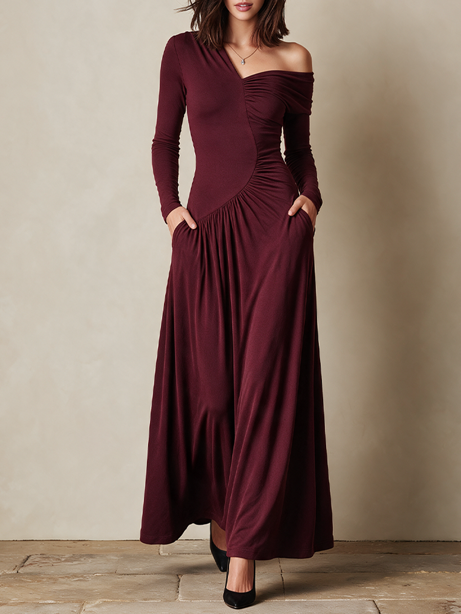 Women‘s Asymmetric One Shoulder Ruched Long Sleeve Maxi Dress
