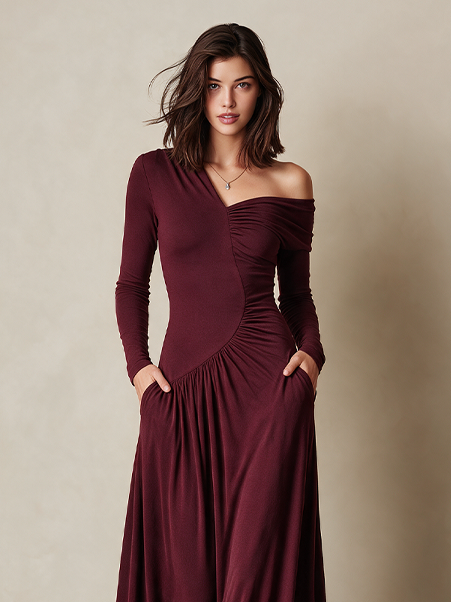 Women‘s Asymmetric One Shoulder Ruched Long Sleeve Maxi Dress