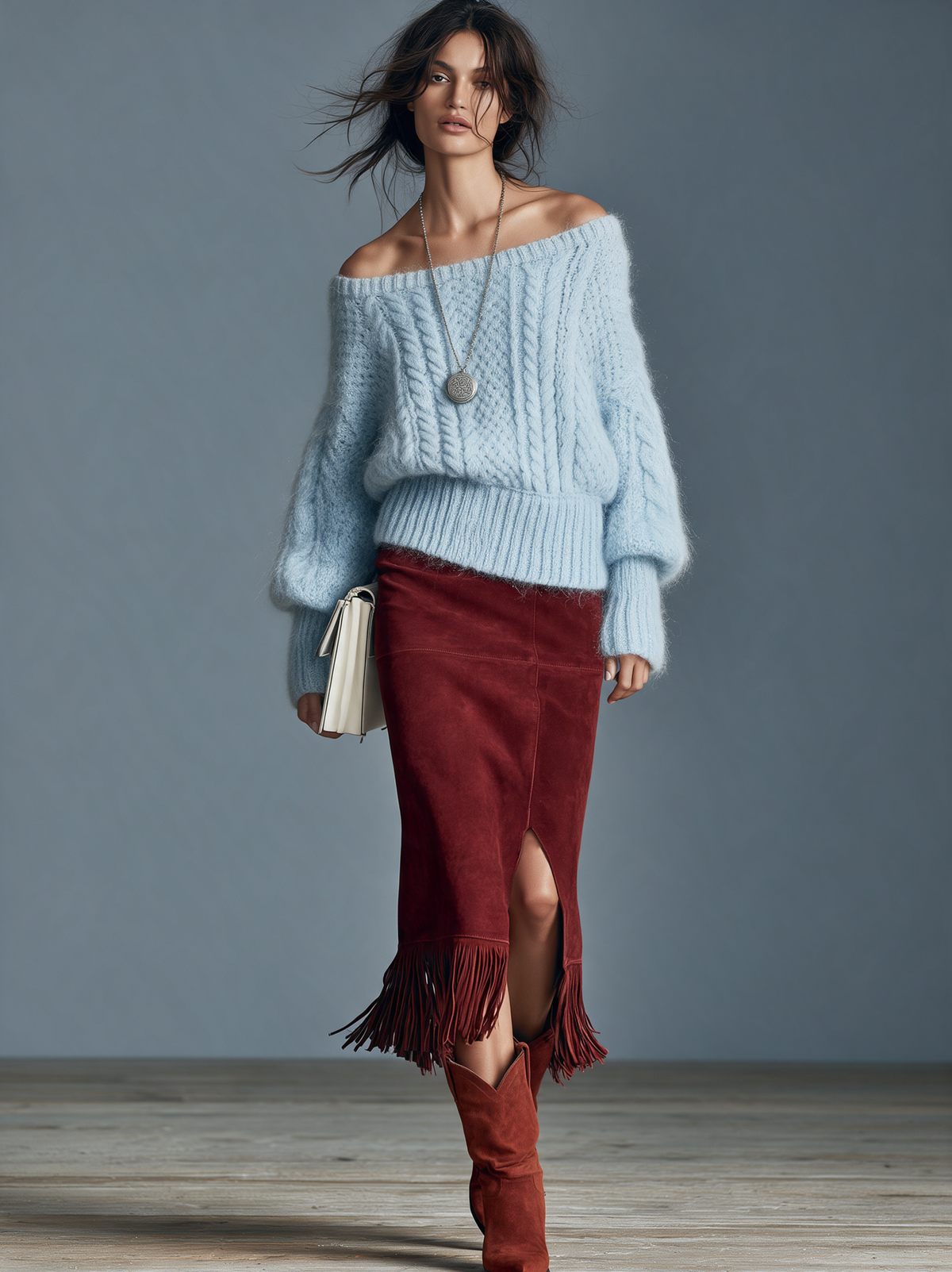 Women's Vintage Suede Straight-Cut Skirt With Fringed Hem