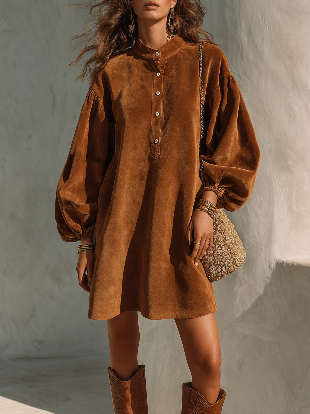 Women's Vintage Velvet Lantern-Sleeve Button-Collar Mini Dress