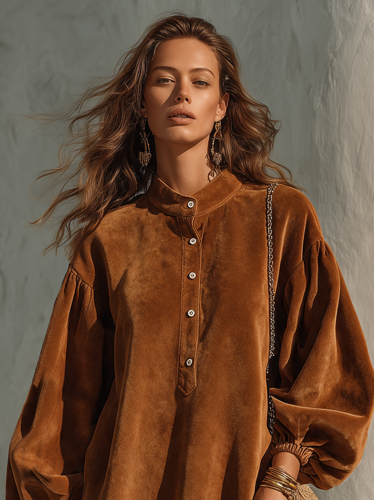 Women's Vintage Velvet Lantern-Sleeve Button-Collar Mini Dress
