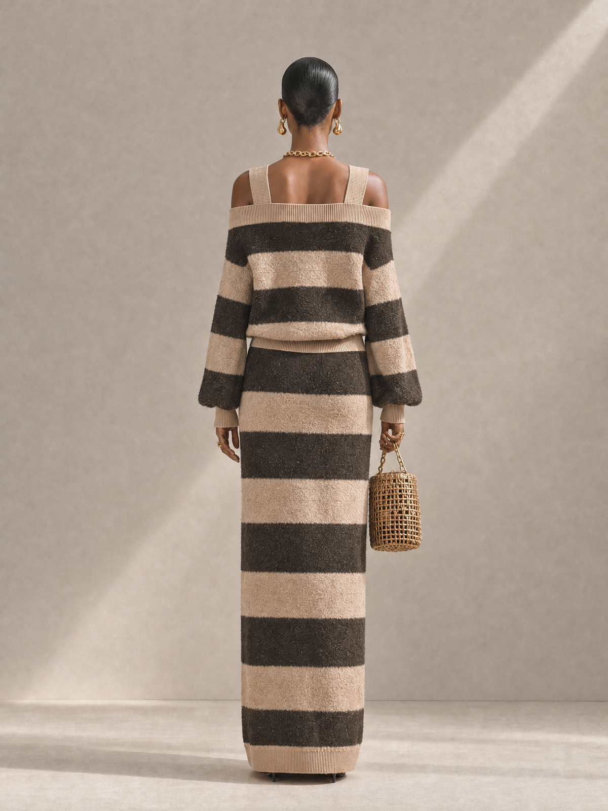 Women's Contrast Stripe Casual Knit Off-Shoulder Top And Skirt Set