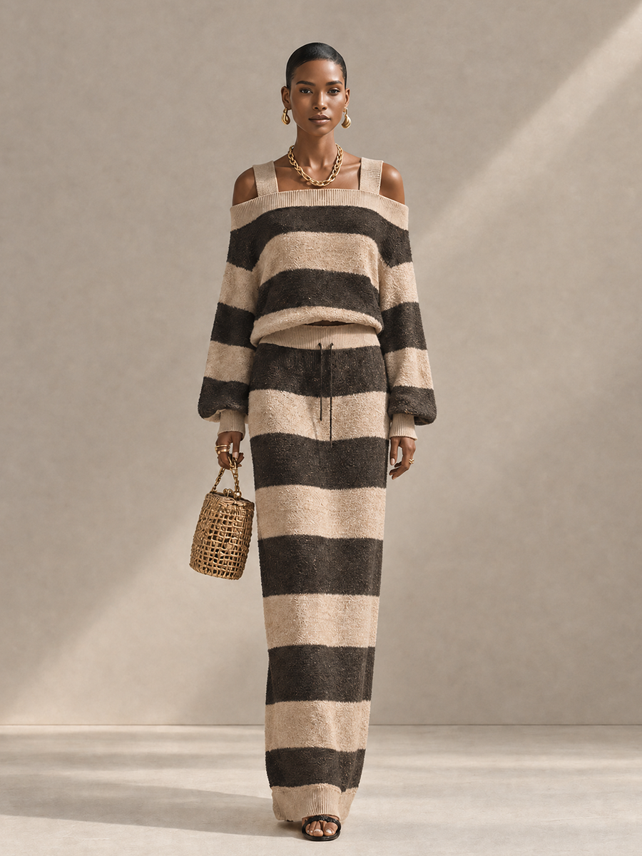 Women's Contrast Stripe Casual Knit Off-Shoulder Top And Skirt Set