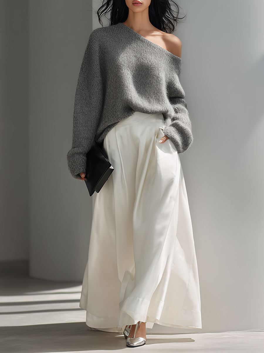 Women's Asymmetric Off-Shoulder Knit Top & Draped Maxi Skirt Set