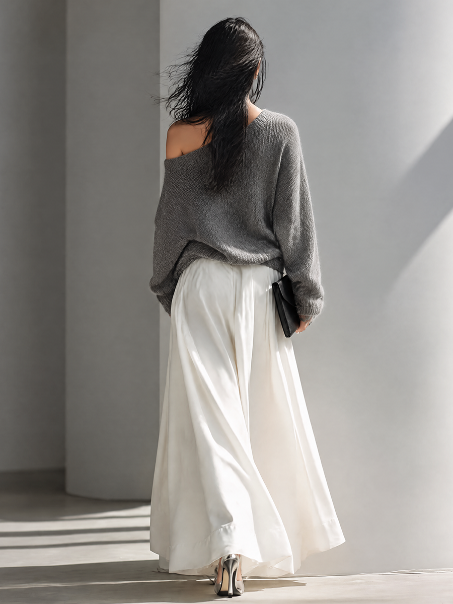 Women's Asymmetric Off-Shoulder Knit Top & Draped Maxi Skirt Set