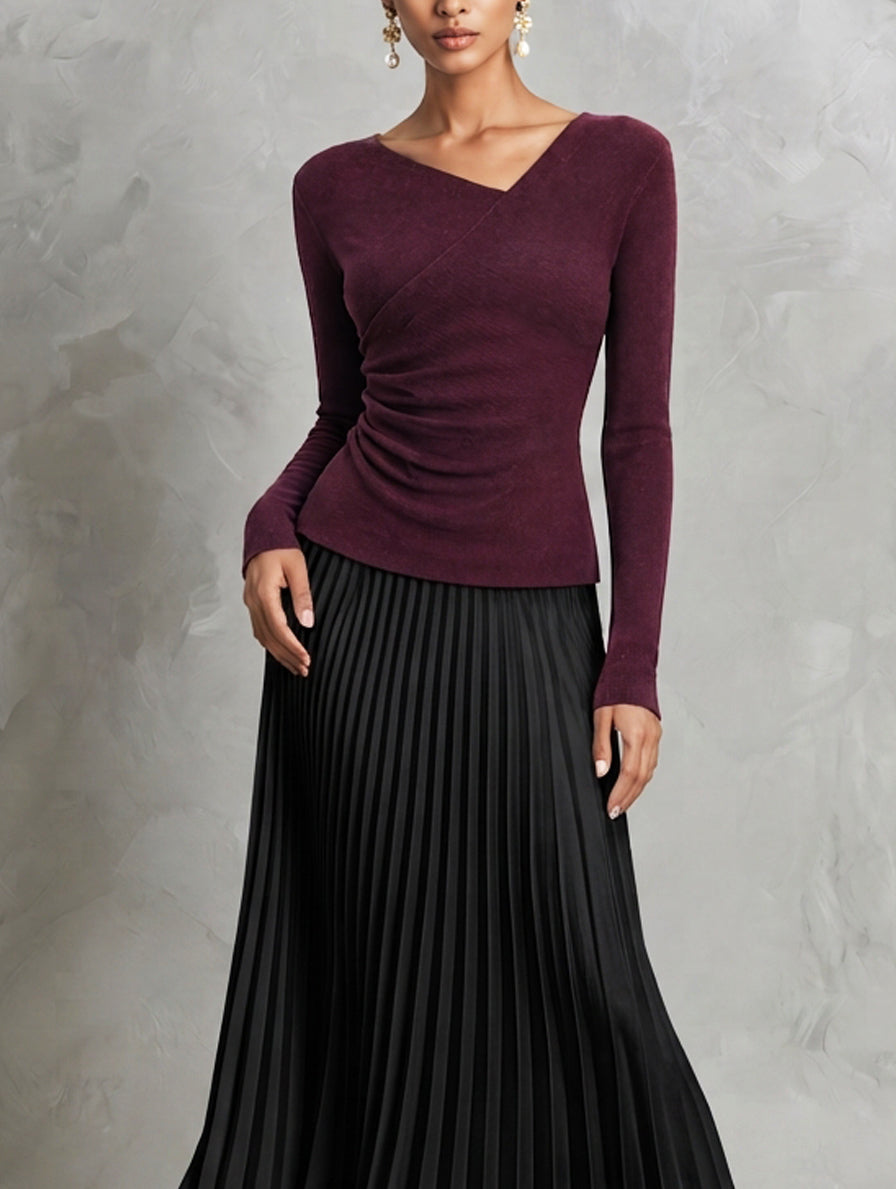 Women's Casual Two-Piece Set Featuring A Burgundy Stretch Knit Top And A Black Pleated Skirt