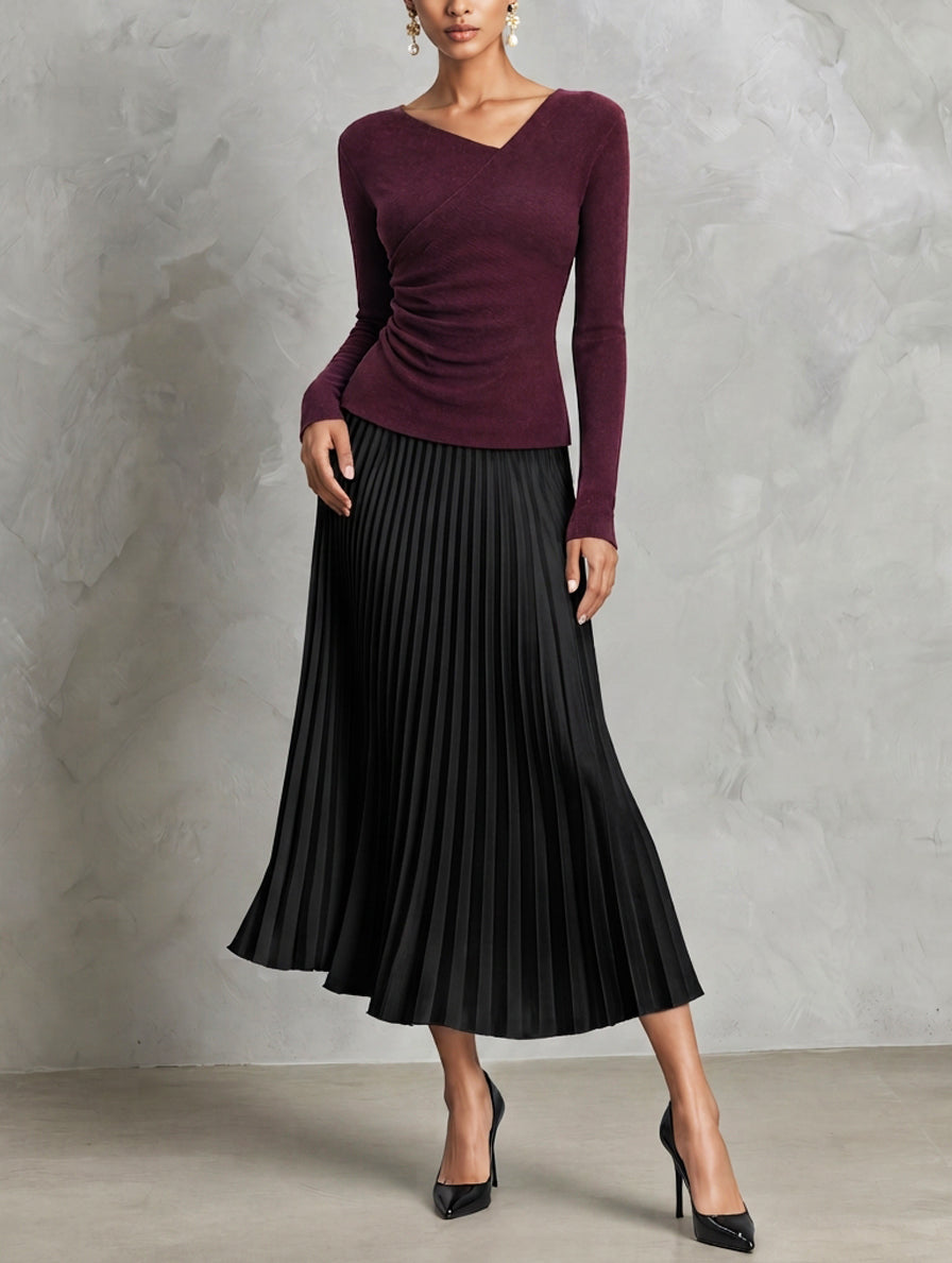 Women's Casual Two-Piece Set Featuring A Burgundy Stretch Knit Top And A Black Pleated Skirt