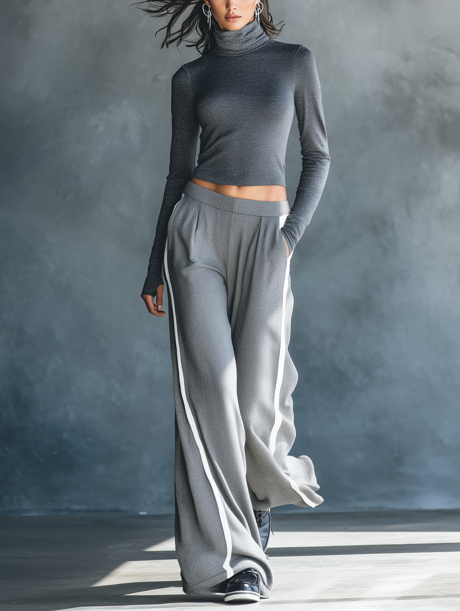 Women's Casual Grey Stretch-Knit Long-Sleeve Top And Woven Trousers Set
