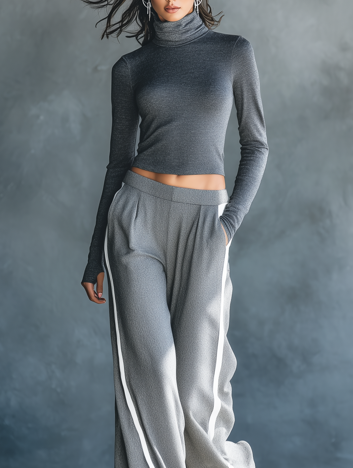 Women's Casual Grey Stretch-Knit Long-Sleeve Top And Woven Trousers Set