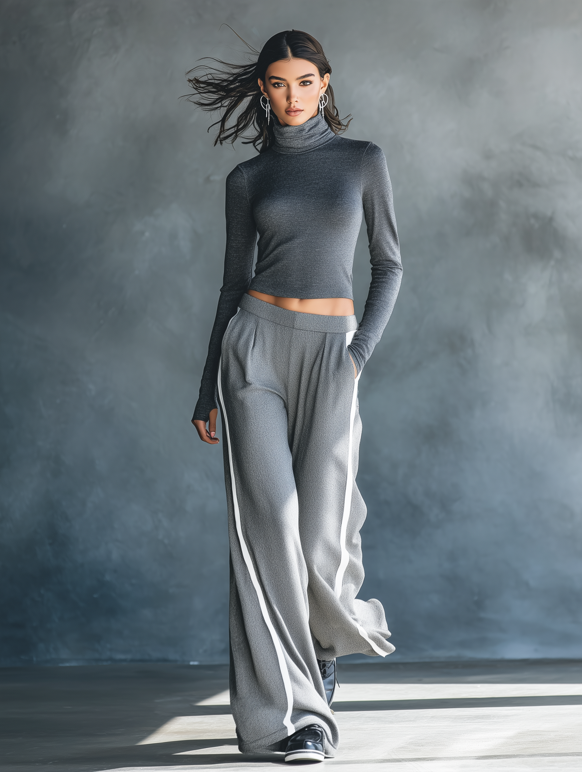 Women's Casual Grey Stretch-Knit Long-Sleeve Top And Woven Trousers Set
