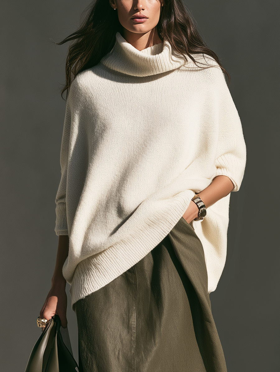 Women's Casual Beige Long-sleeve Turtleneck Knit Sweater