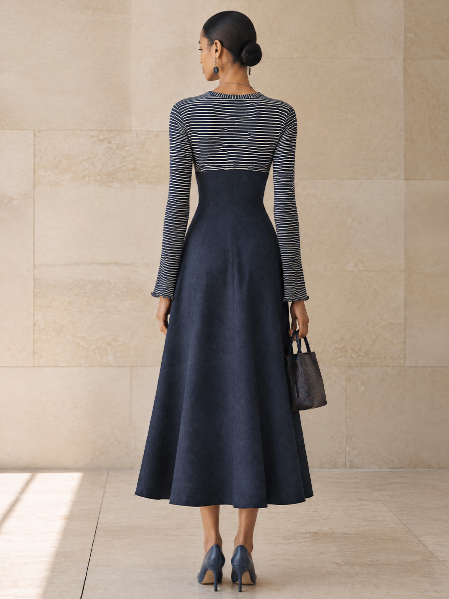 Women's Striped Tie Front Elegant Panel Maxi Dress