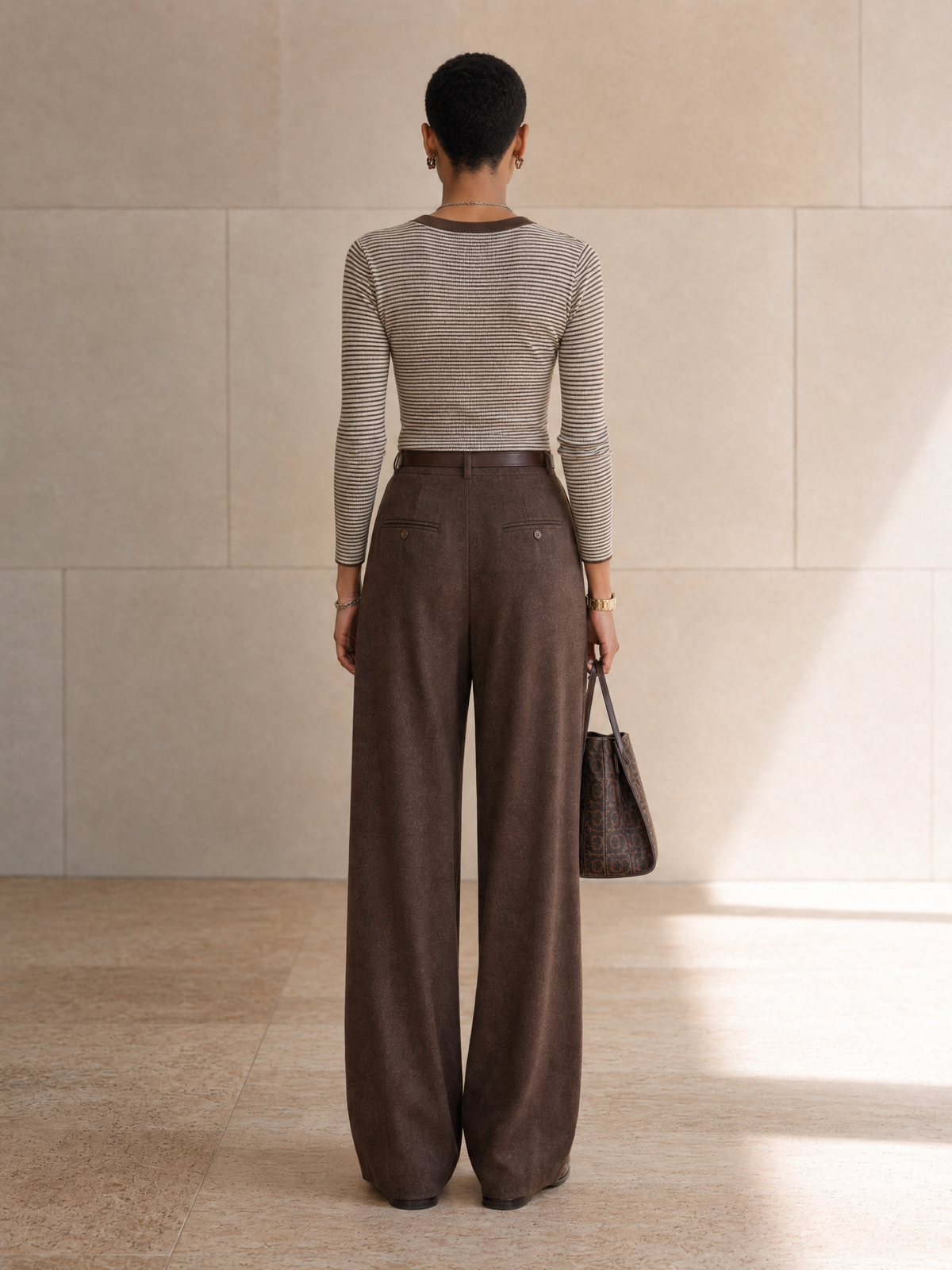 Women's Striped Trim Elegant Top And Wide-Leg Pants Set(Belt Not Included)