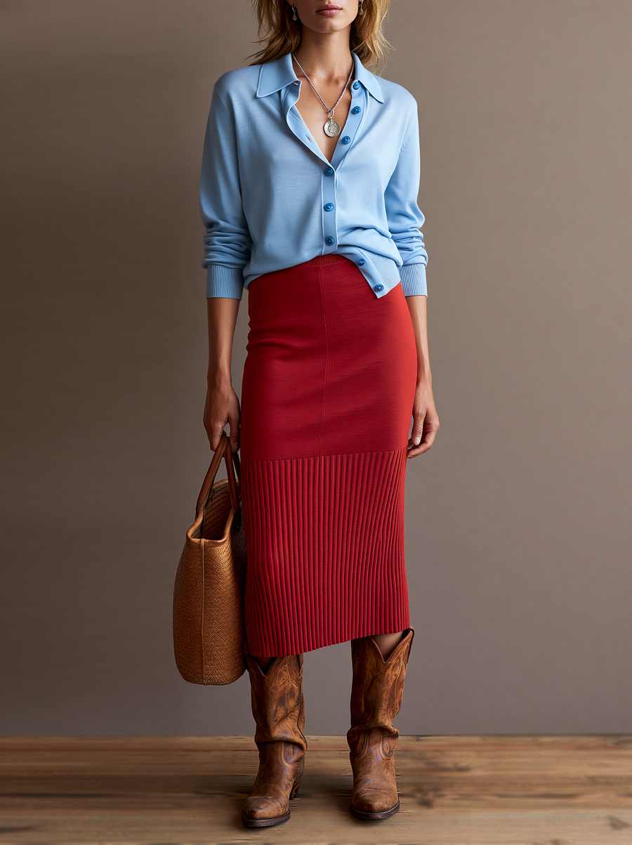 Women's Vintage Knit Cardigan And Straight-Cut Skirt Set