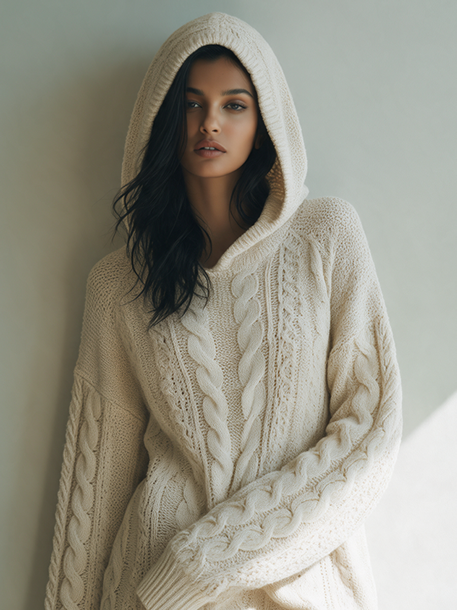 Women's Relaxed-Fit Hooded Cable-Knit Mini Dress