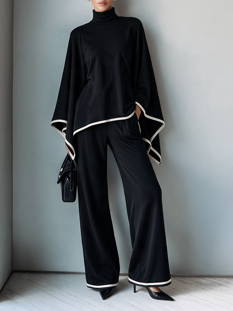Women's High-Neck Long-Sleeve Set With Cape-Style Sleeves And Contrast Trim