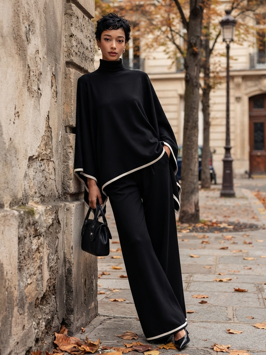 Women's High-Neck Long-Sleeve Set With Cape-Style Sleeves And Contrast Trim