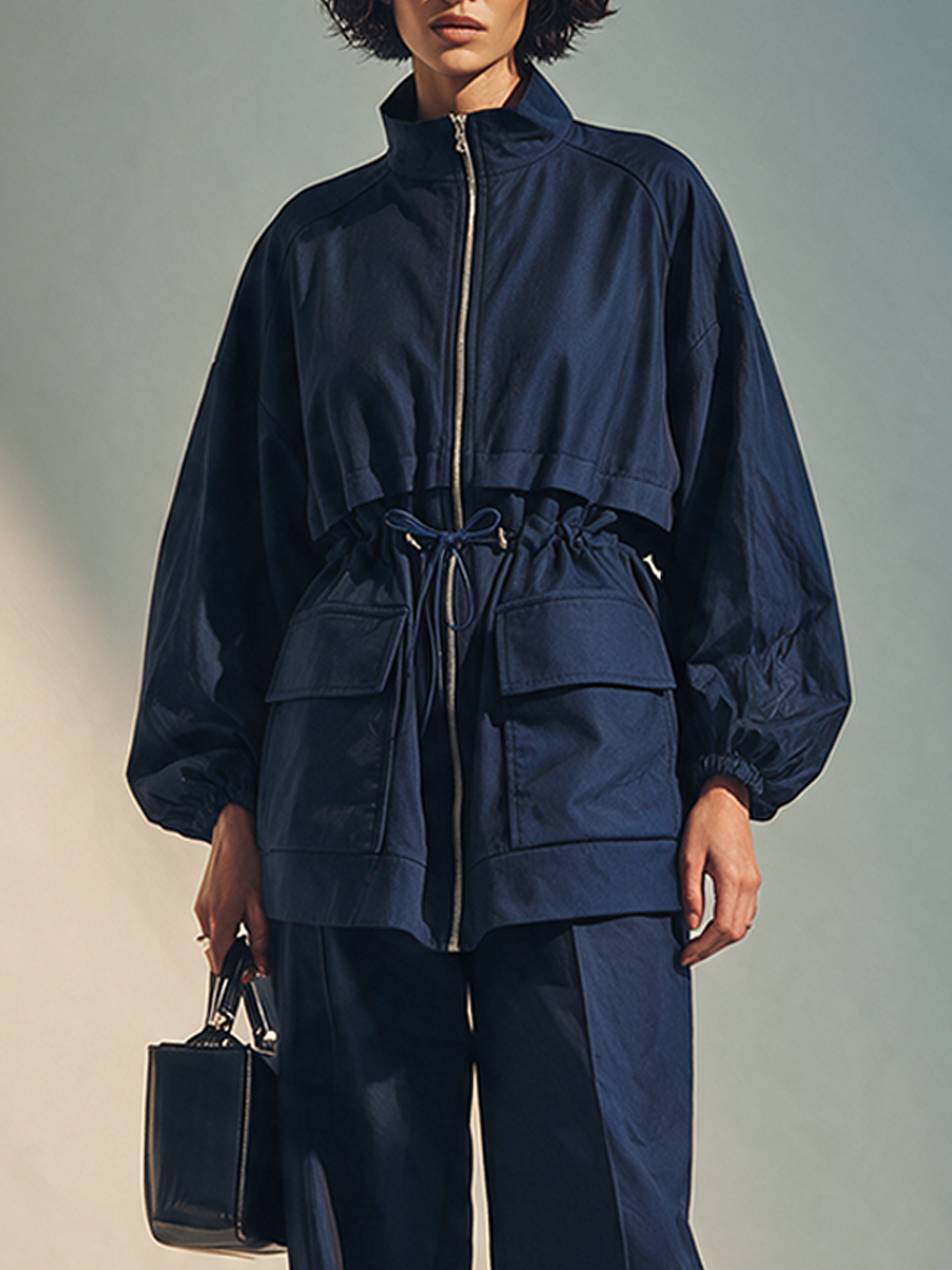Women's Navy Utility-Style Stand Collar & Drawstring Long-Sleeve Set