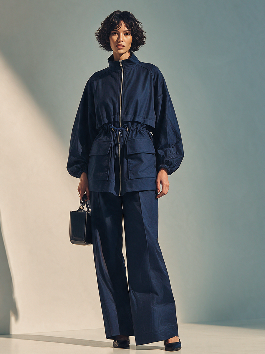 Women's Navy Utility-Style Stand Collar & Drawstring Long-Sleeve Set