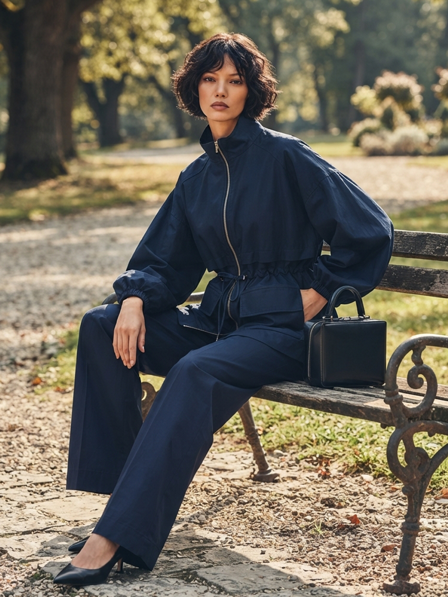 Women's Navy Utility-Style Stand Collar & Drawstring Long-Sleeve Set