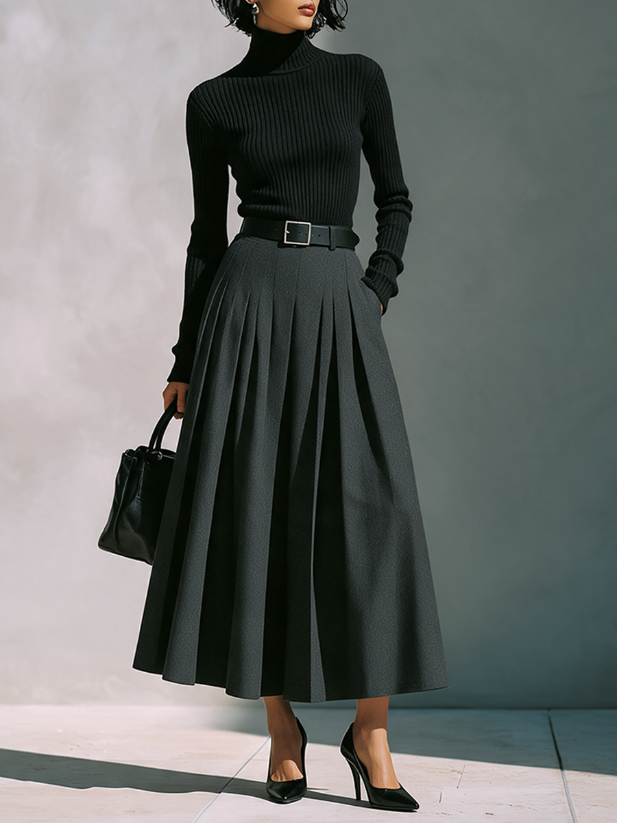 Women's Ribbed Turtleneck Knit Top & Pleated Midi Skirt Set