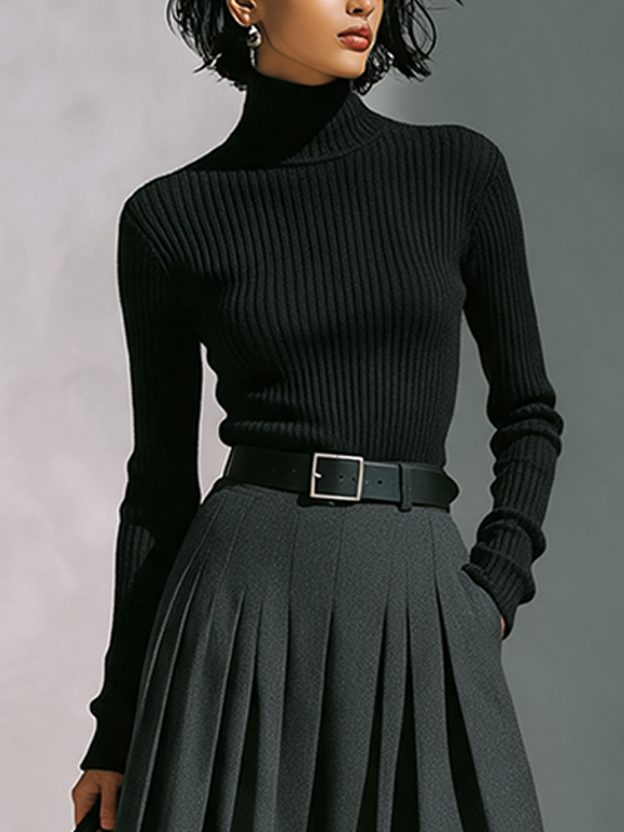 Women's Ribbed Turtleneck Knit Top & Pleated Midi Skirt Set