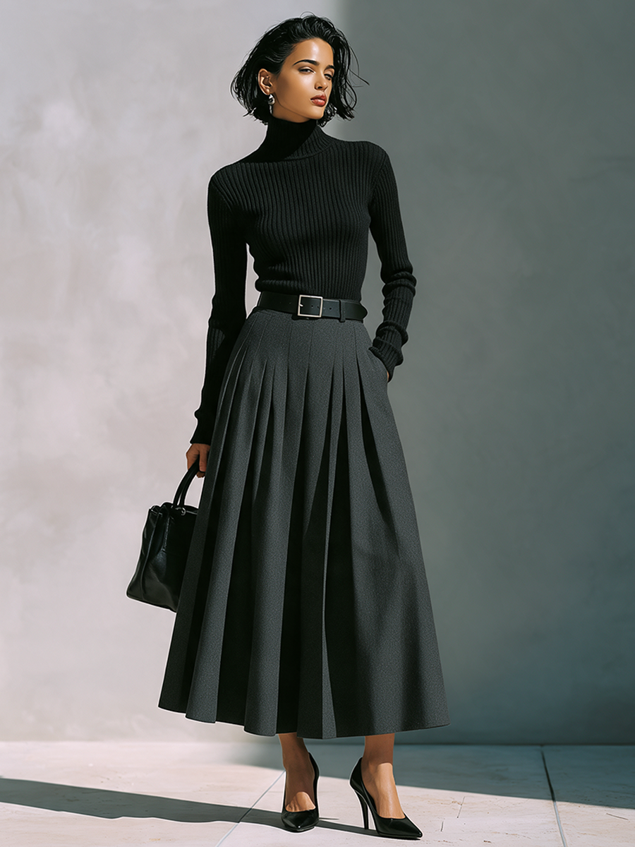 Women's Ribbed Turtleneck Knit Top & Pleated Midi Skirt Set
