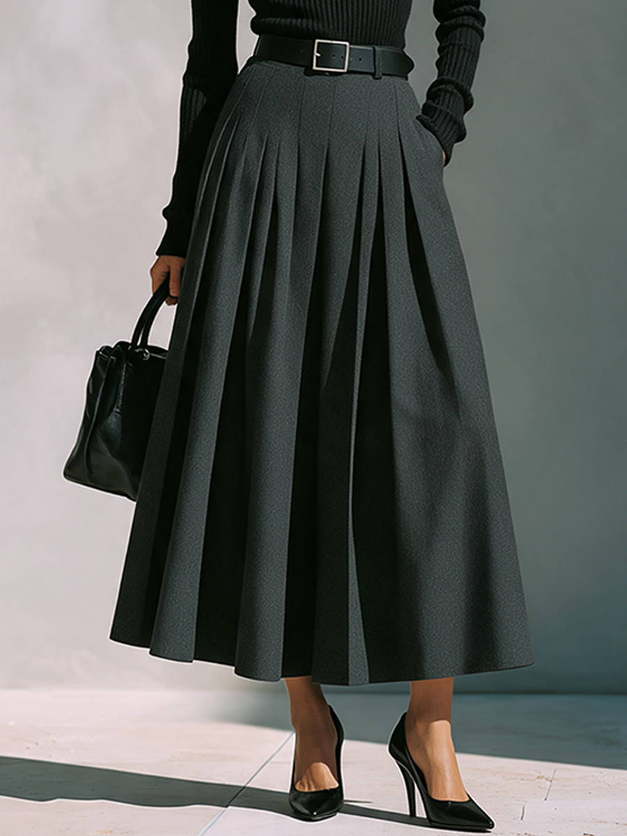 Women's Ribbed Turtleneck Knit Top & Pleated Midi Skirt Set