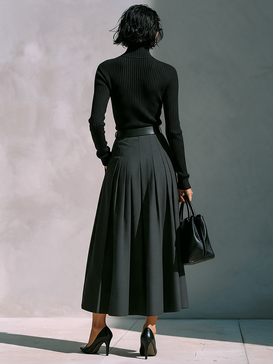 Women's Ribbed Turtleneck Knit Top & Pleated Midi Skirt Set