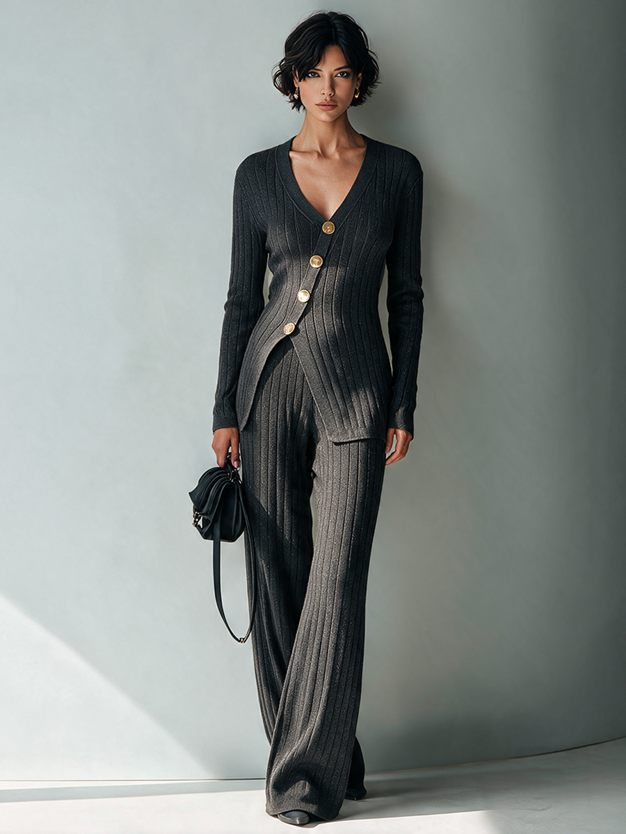 Women's Ribbed Knit Set With V-Neck And Asymmetric Button Detail