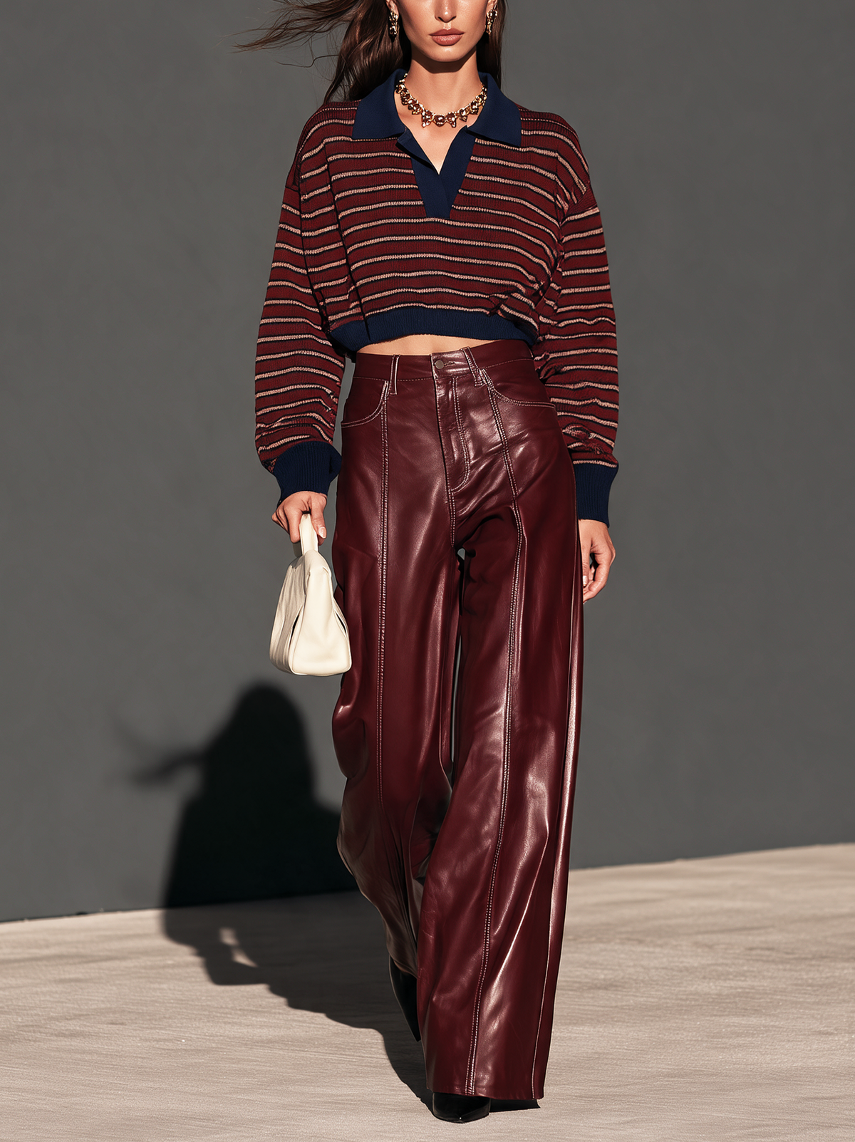 Women's Casual Burgundy Leather Trousers
