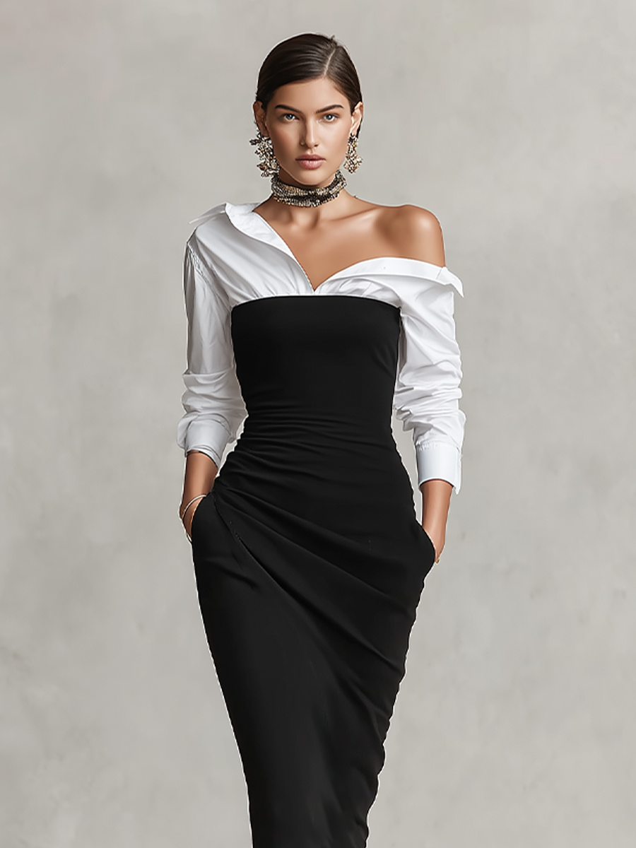 Women's Two-Tone Off-Shoulder Ruched Bodycon Midi Dress with Shirt Sleeves