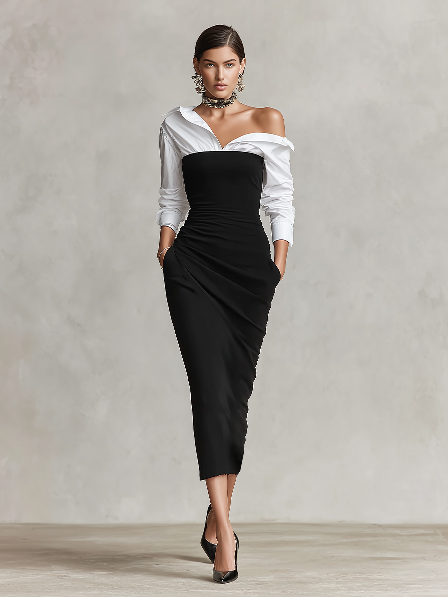 Women's Two-Tone Off-Shoulder Ruched Bodycon Midi Dress with Shirt Sleeves