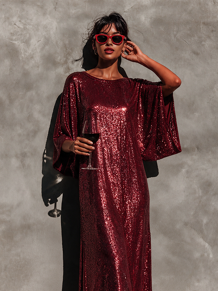 Women's Sequin Batwing Sleeve Maxi Party Dress