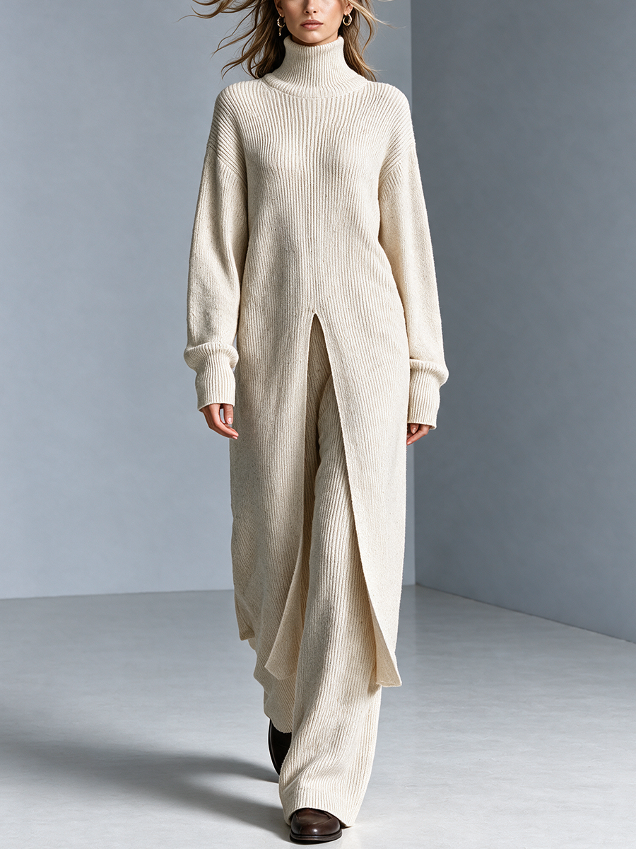 Women's Cream Turtleneck Long Knit Cardigan Set
