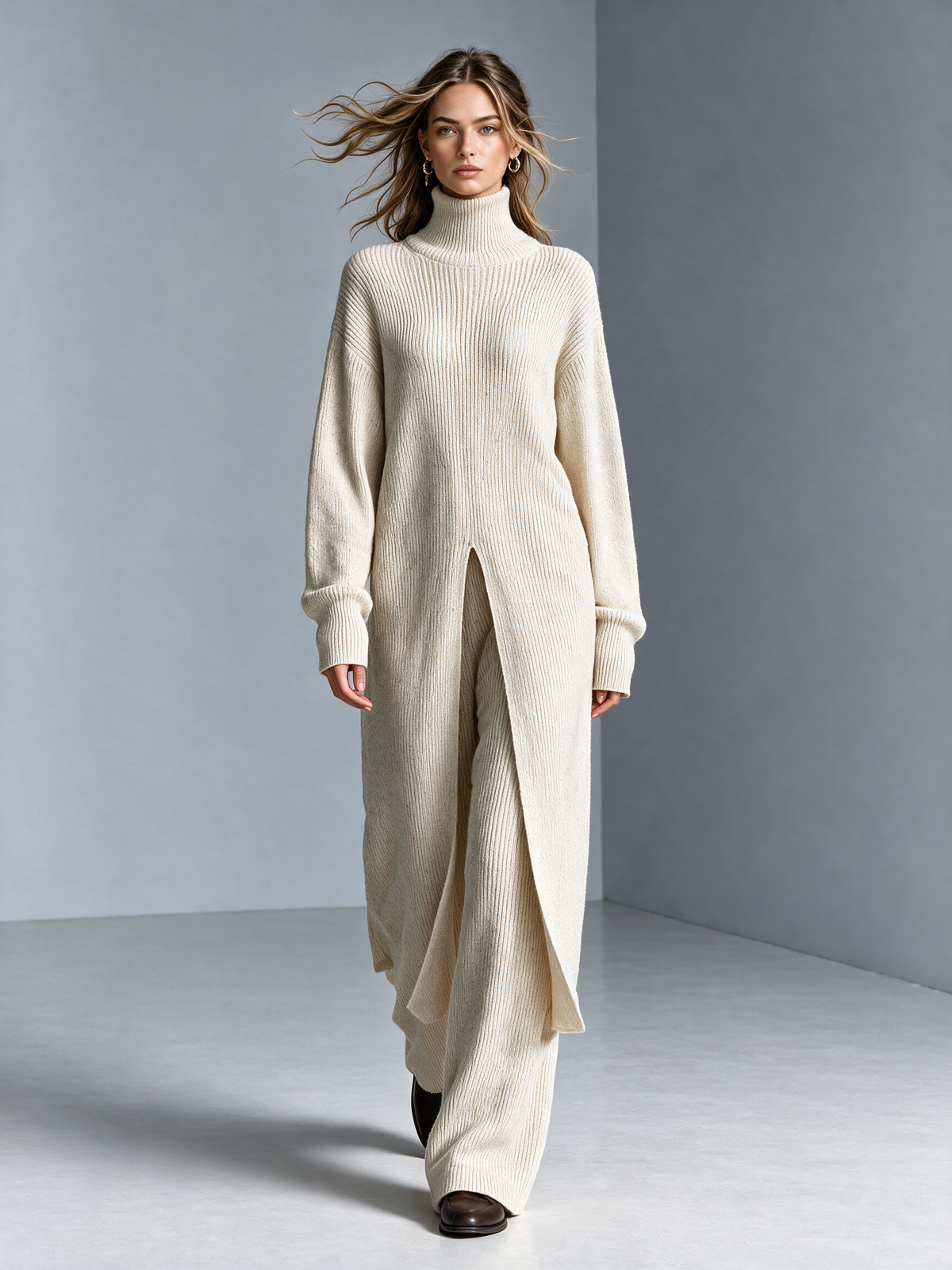 Women's Cream Turtleneck Long Knit Cardigan Set
