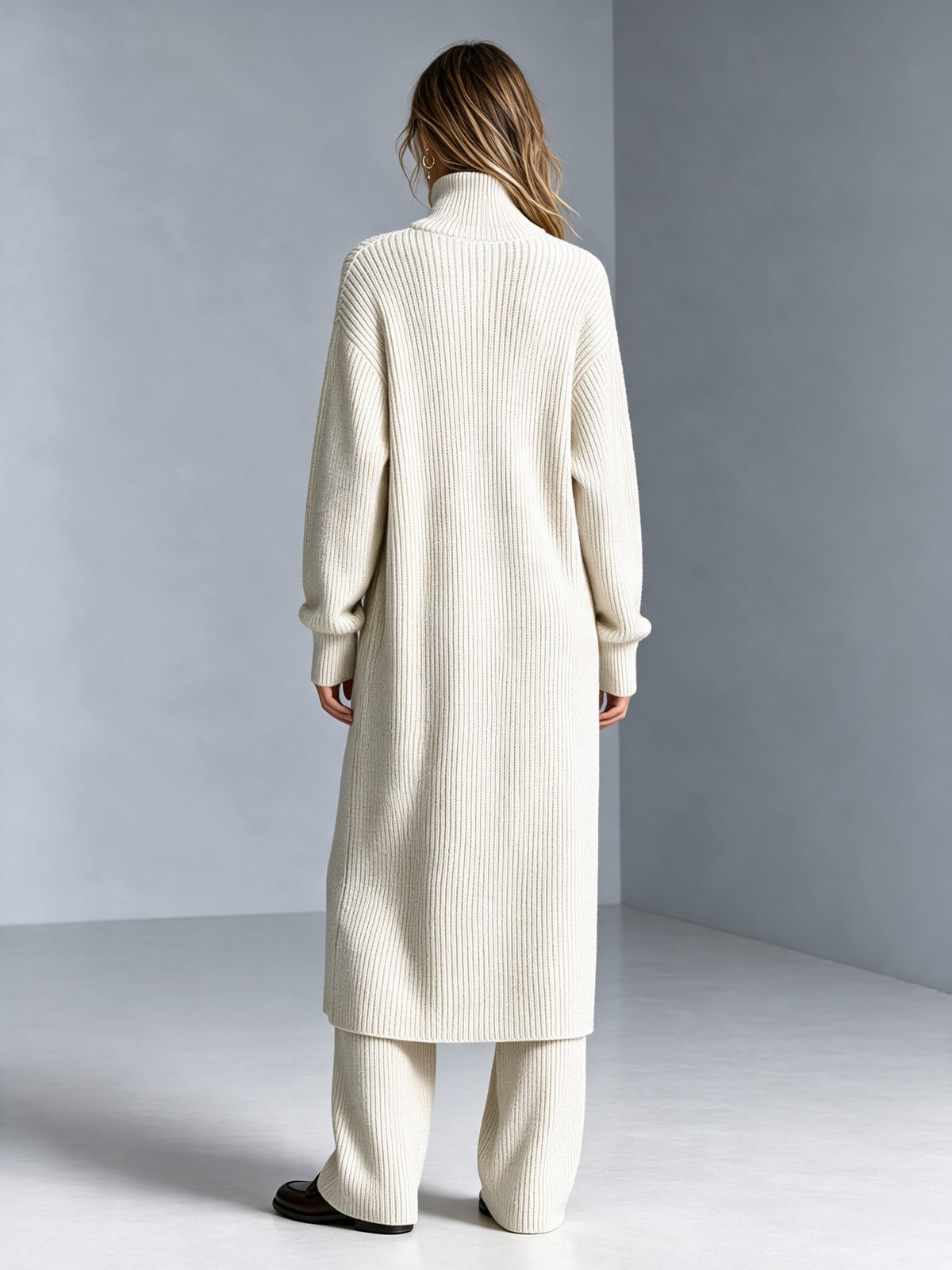 Women's Cream Turtleneck Long Knit Cardigan Set