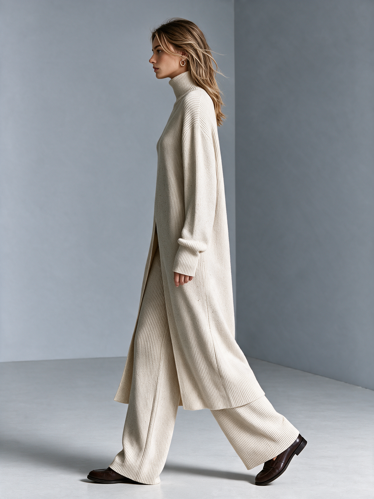 Women's Cream Turtleneck Long Knit Cardigan Set