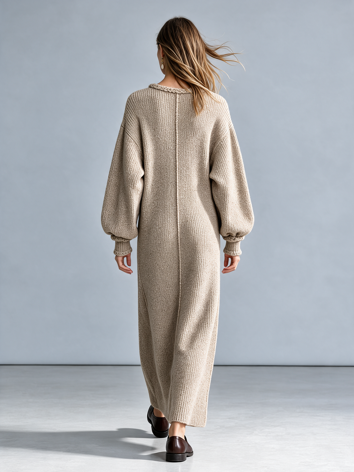 Women's Oat Crew Neck Lantern Sleeve Knit Maxi Dress