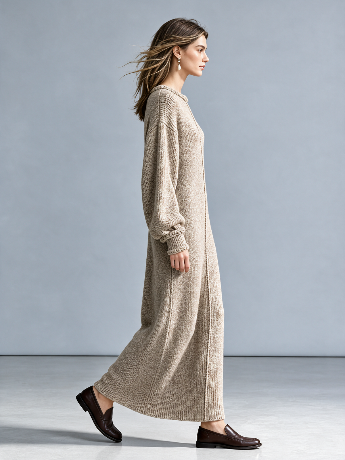 Women's Oat Crew Neck Lantern Sleeve Knit Maxi Dress