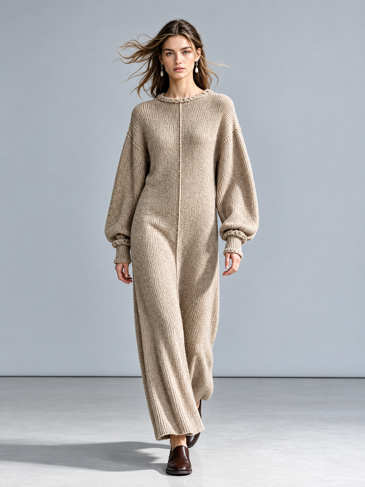 Women's Oat Crew Neck Lantern Sleeve Knit Maxi Dress