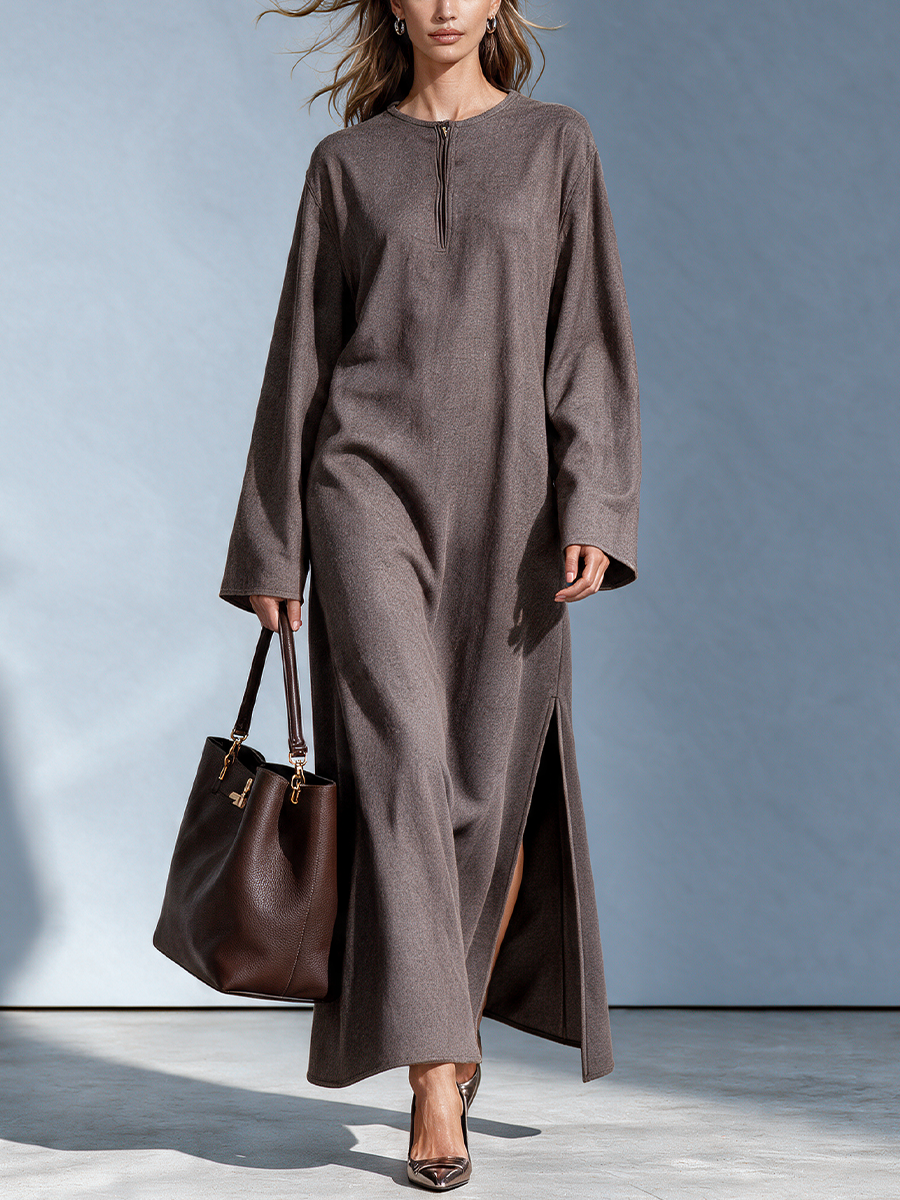 Women's Dark Brown Half-Zip Wool Maxi Dress With Side Slit