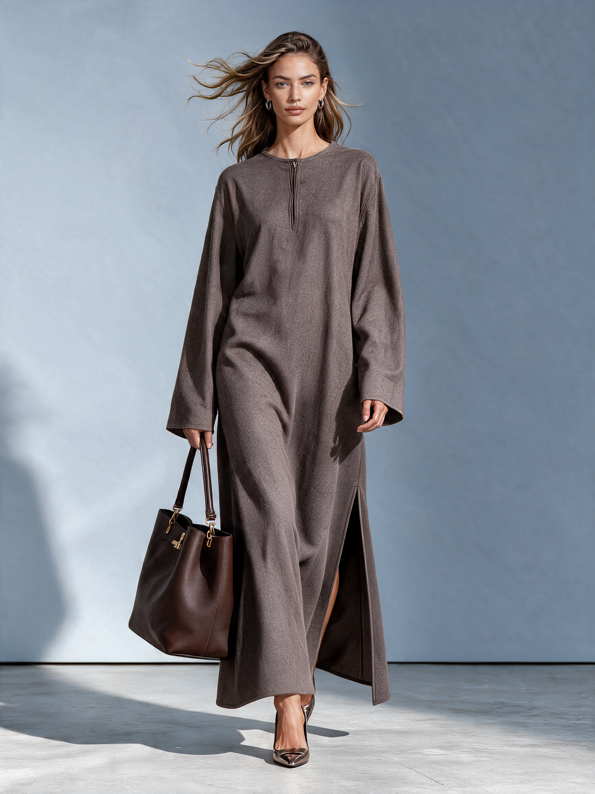 Women's Dark Brown Half-Zip Wool Maxi Dress With Side Slit