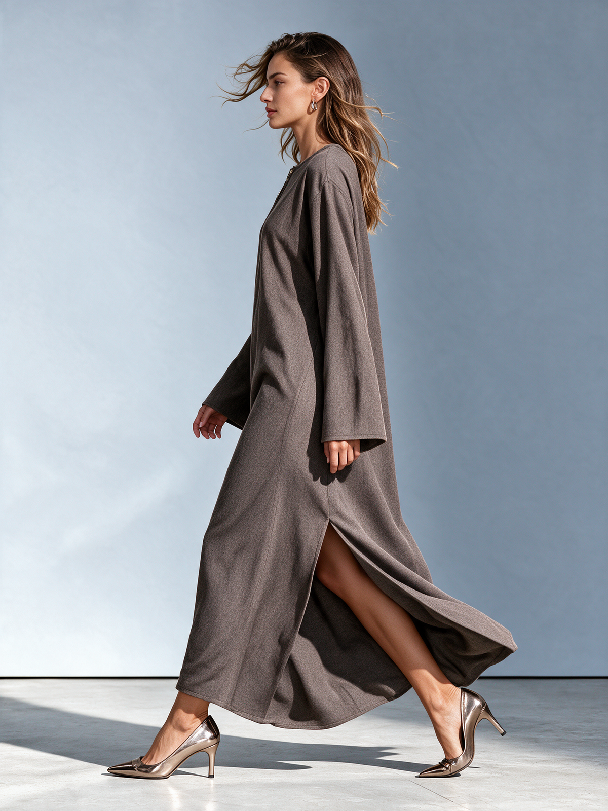 Women's Dark Brown Half-Zip Wool Maxi Dress With Side Slit
