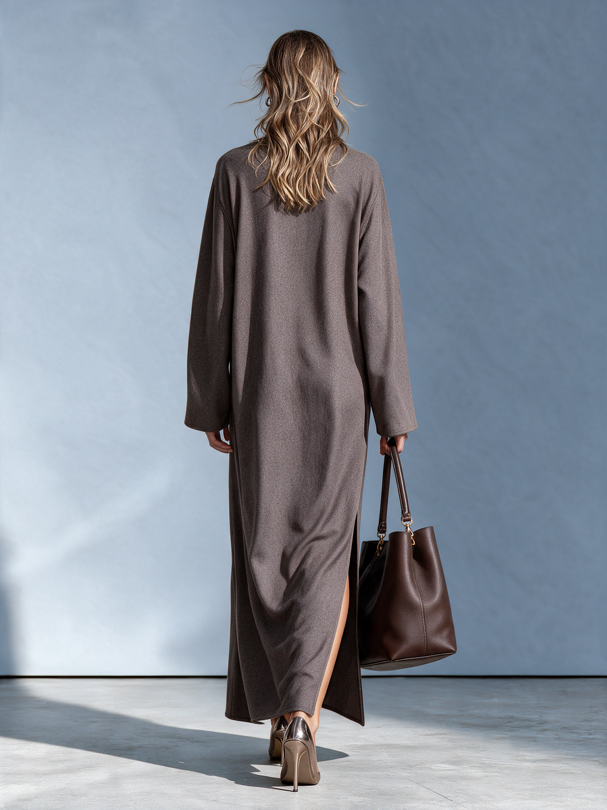 Women's Dark Brown Half-Zip Wool Maxi Dress With Side Slit